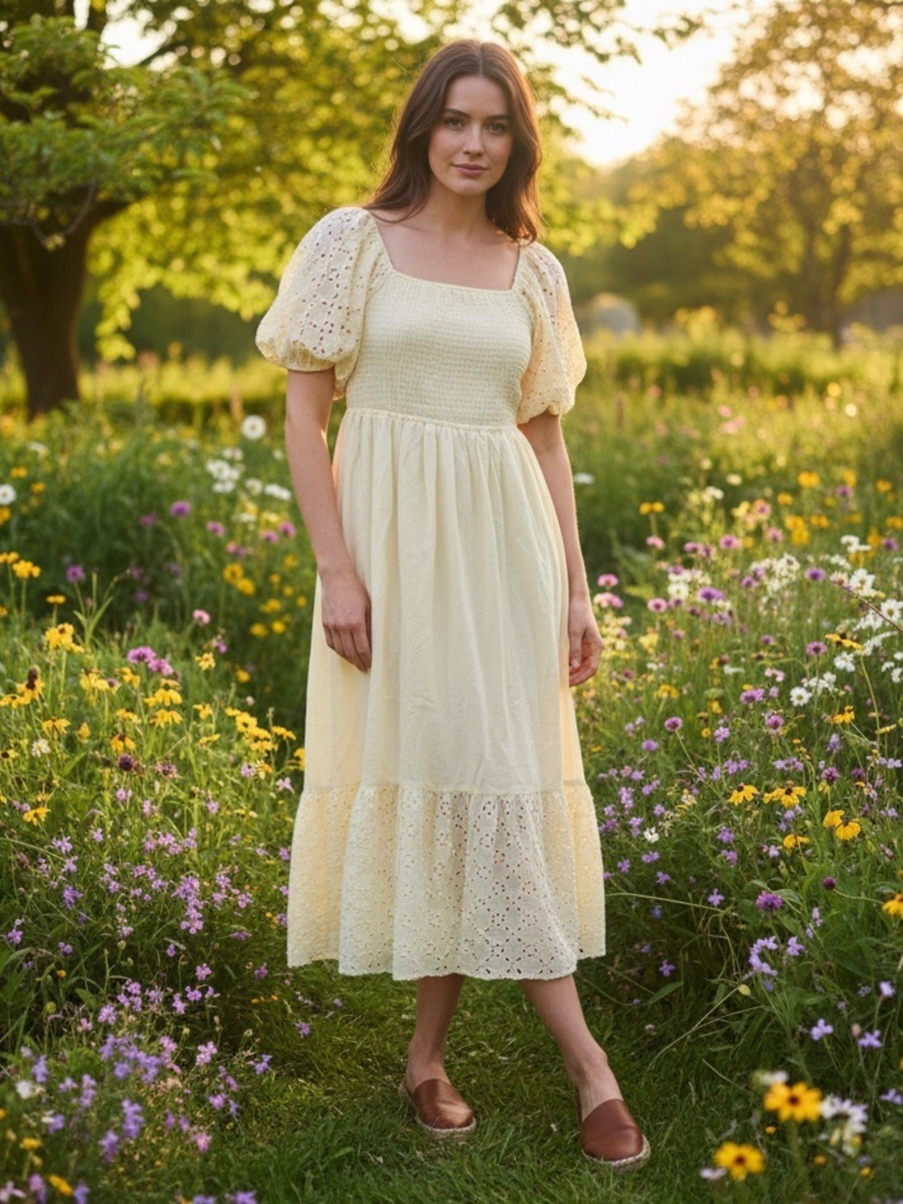Indigo Rose Pale Yellow Eyelet Smocked Maxi Dress Petite Large Cottagecore Boho - Picture 1 of 11